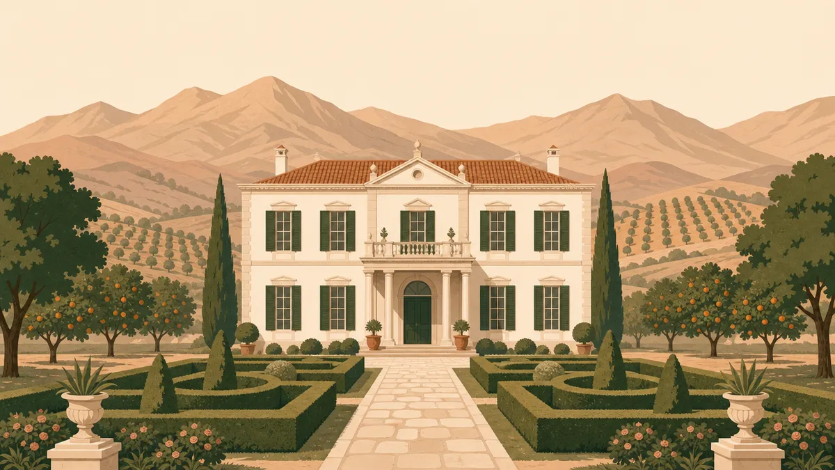 Illustration of historic estate and mansion venues in the Riverside-San Bernardino area